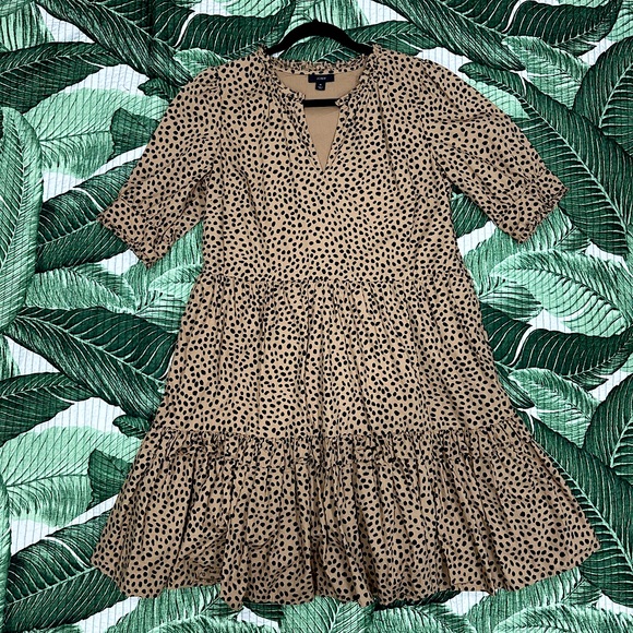 J Crew Swing Dress - Mini Ruffled Tiered Dotted Tan and Black Loose Fit Leopard - Picture 1 of 11